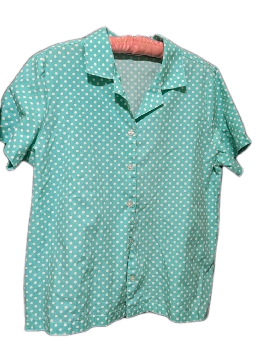 Vintage 80s New Wave Women's Teal Polka Dot Button-Down Shirt Size L